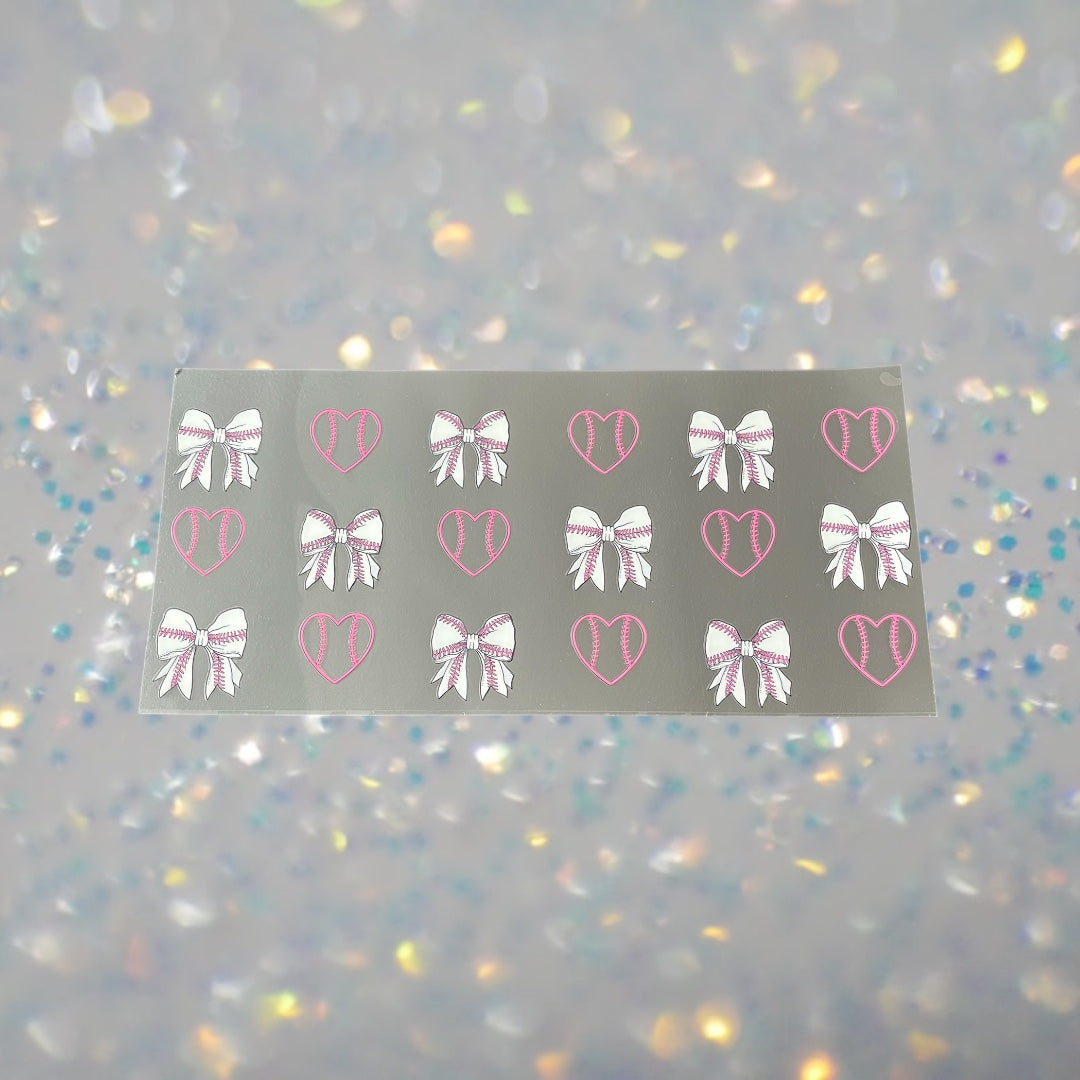 Pink Baseball Hearts w/Bows -16oz UV DTF Double Sided Cup Wrap