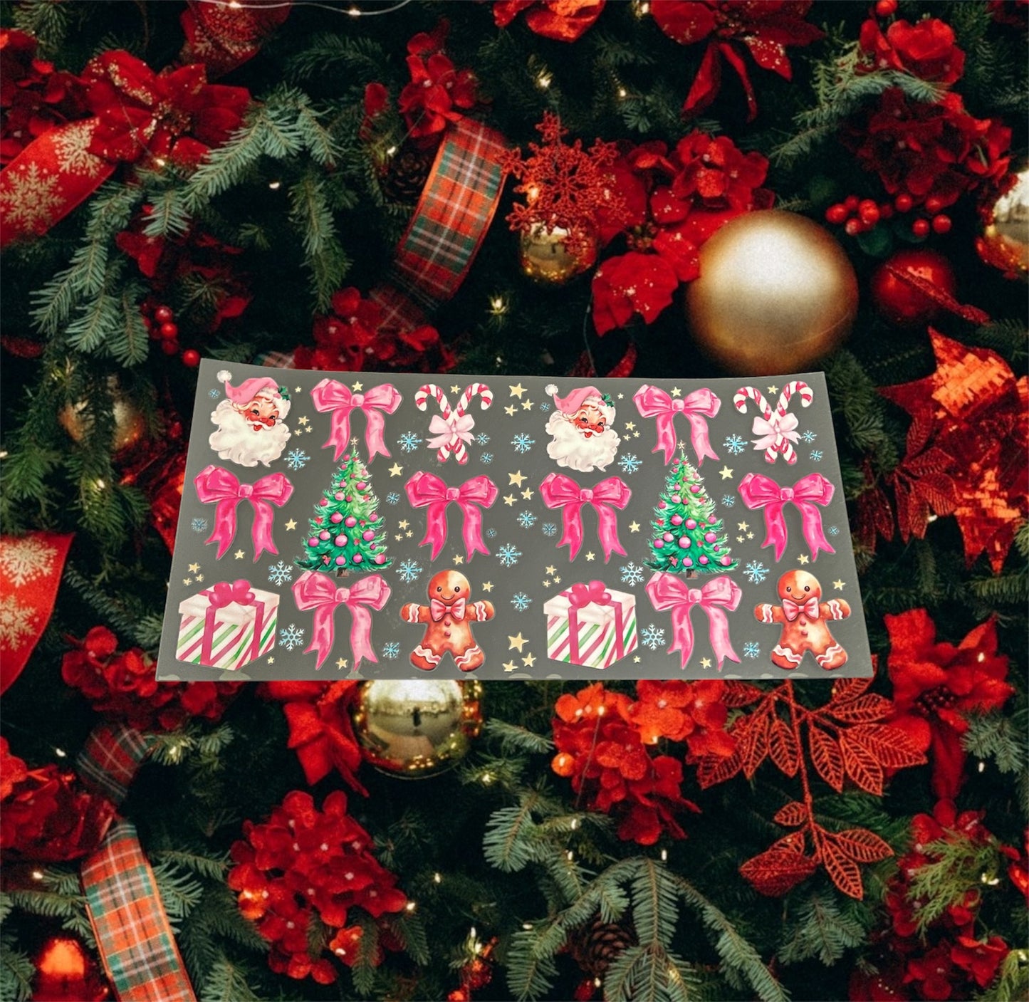 Christmas Santa w/Bows- Holiday 16oz UV DTF Double Sided Cup Wrap