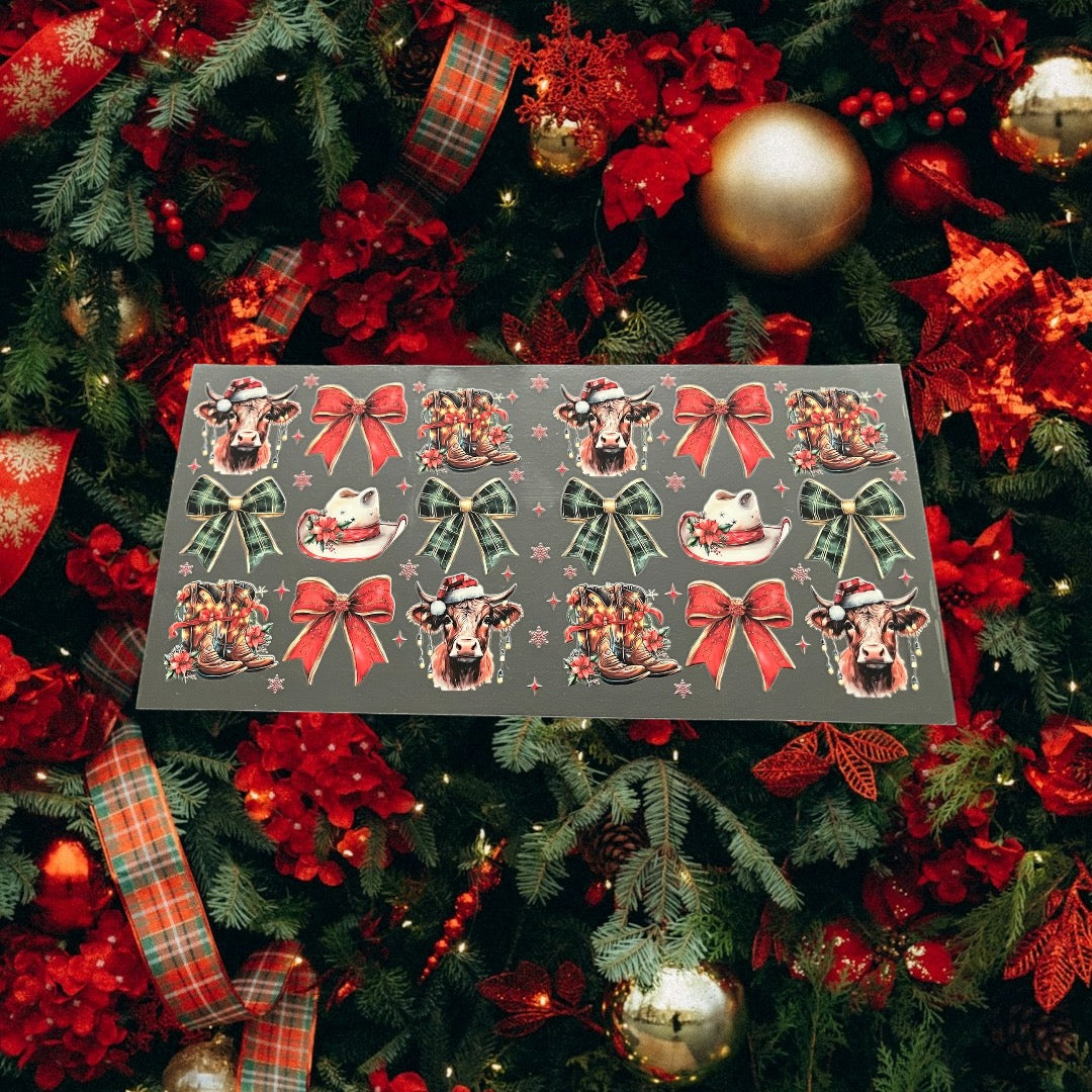 Christmas Cow w/Bows -Holiday 16oz UV DTF Double Sided Cup Wrap