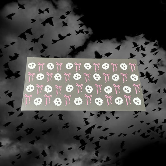 Halloween Skeleton & Pink Bows-Holiday 16oz UV DTF Double Sided Cup Wrap