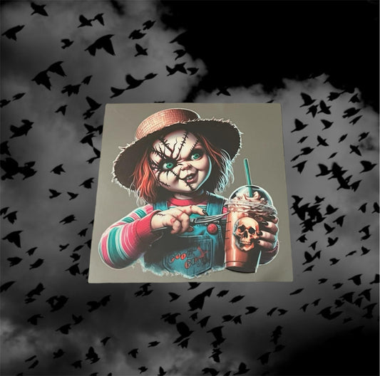Halloween Chucky Coffee-UV DTF Double Sided 4" Decal